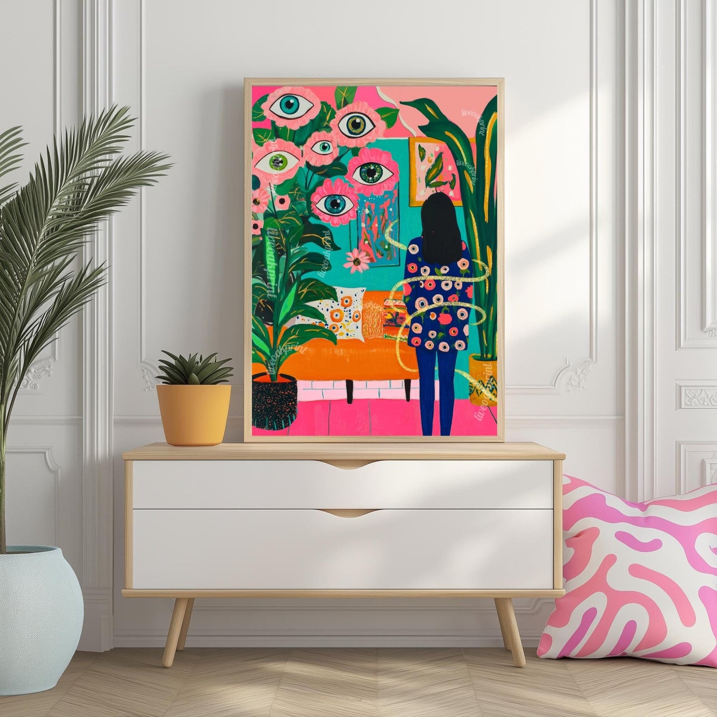 Woman in Surreal Living Room Art Print – Maximalist Boho Wall Decor