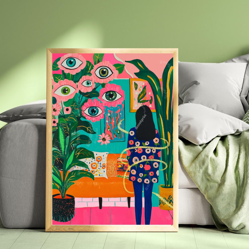 Woman in Surreal Living Room Art Print – Maximalist Boho Wall Decor