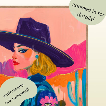 Maximalist Blonde Cowgirl Art Print – Western Desert Wall Art – Surreal Eye Flower Decor – Pink Funky Boho Eclectic Wall Art