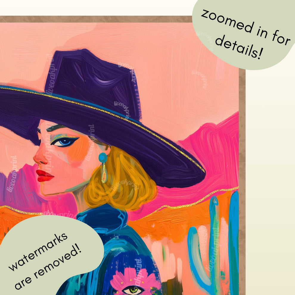 Maximalist Blonde Cowgirl Art Print – Western Desert Wall Art – Surreal Eye Flower Decor – Pink Funky Boho Eclectic Wall Art
