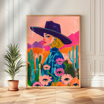 Maximalist Blonde Cowgirl Art Print – Western Desert Wall Art – Surreal Eye Flower Decor – Pink Funky Boho Eclectic Wall Art