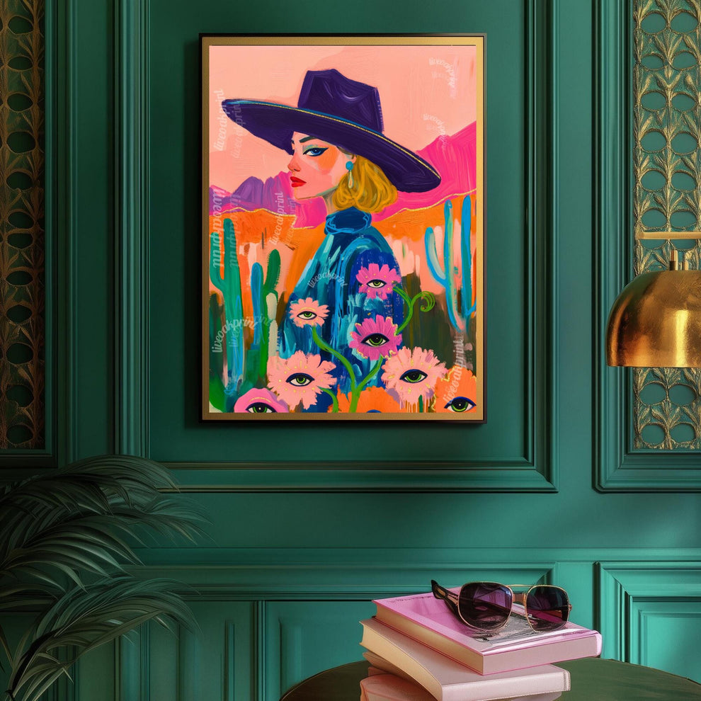 Maximalist Blonde Cowgirl Art Print – Western Desert Wall Art – Surreal Eye Flower Decor – Pink Funky Boho Eclectic Wall Art