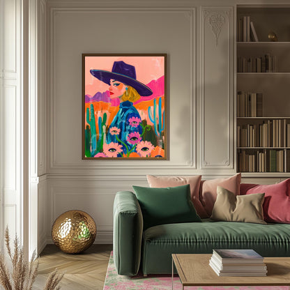 Maximalist Blonde Cowgirl Art Print – Western Desert Wall Art – Surreal Eye Flower Decor – Pink Funky Boho Eclectic Wall Art