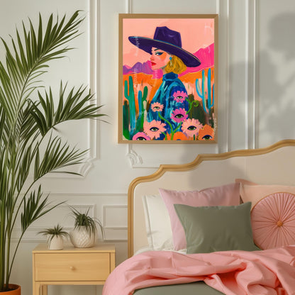 Maximalist Blonde Cowgirl Art Print – Western Desert Wall Art – Surreal Eye Flower Decor – Pink Funky Boho Eclectic Wall Art