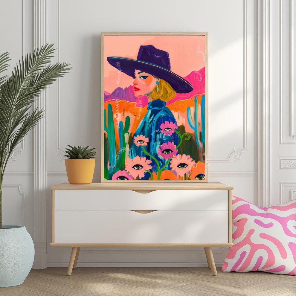 Maximalist Blonde Cowgirl Art Print – Western Desert Wall Art – Surreal Eye Flower Decor – Pink Funky Boho Eclectic Wall Art