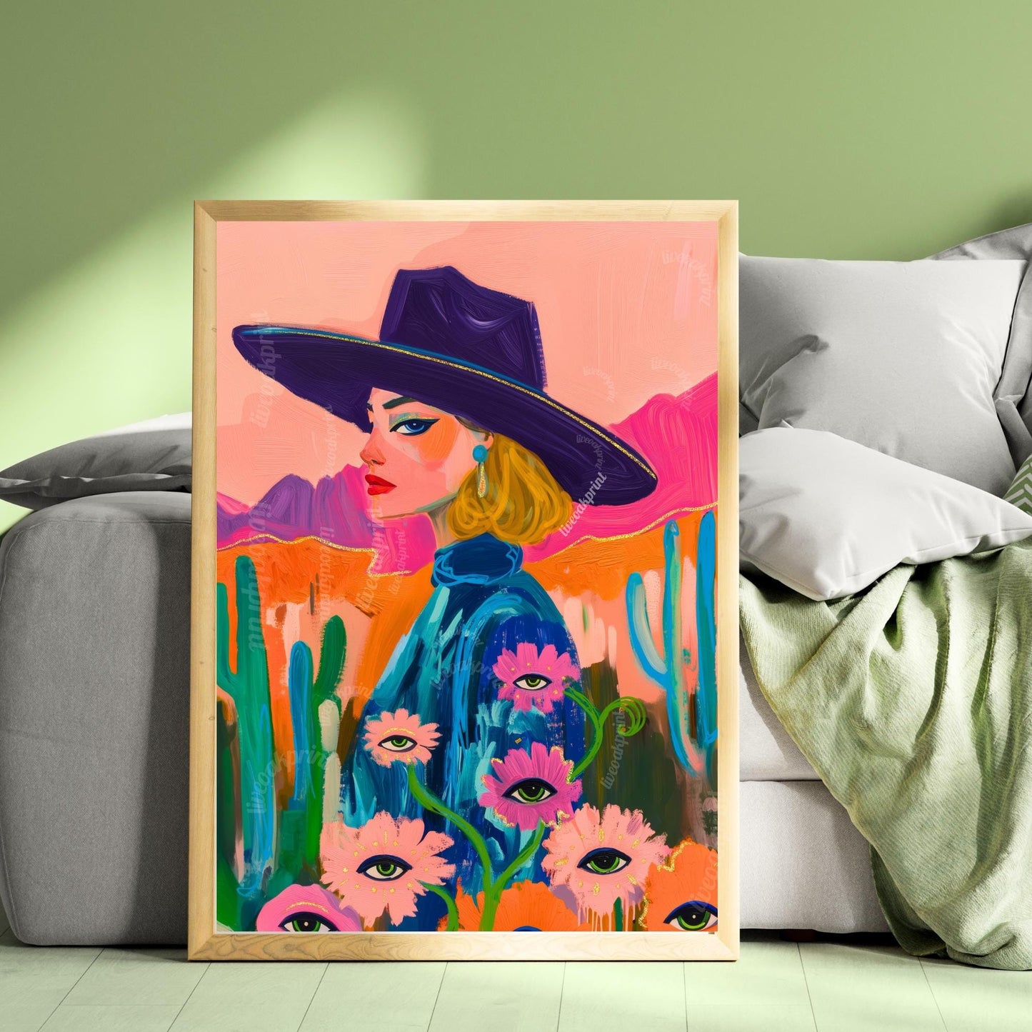Maximalist Blonde Cowgirl Art Print – Western Desert Wall Art – Surreal Eye Flower Decor – Pink Funky Boho Eclectic Wall Art