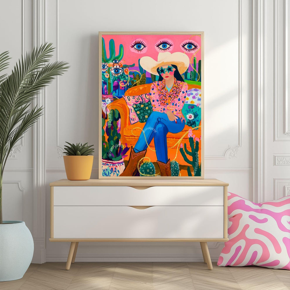 Surreal Cowgirl Art Print – Funky Western Wall Art – Pink Maximalist Decor – Eclectic Eye Flower Poster – Cactus Desert Print