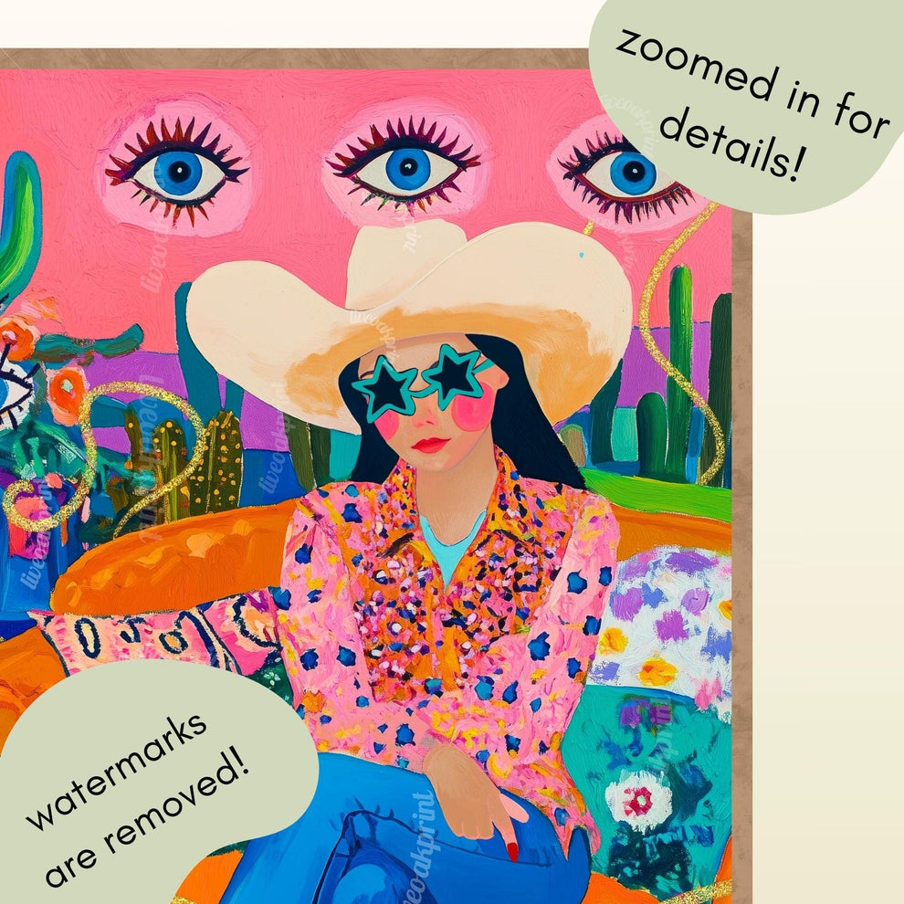 Surreal Cowgirl Art Print – Funky Western Wall Art – Pink Maximalist Decor – Eclectic Eye Flower Poster – Cactus Desert Print