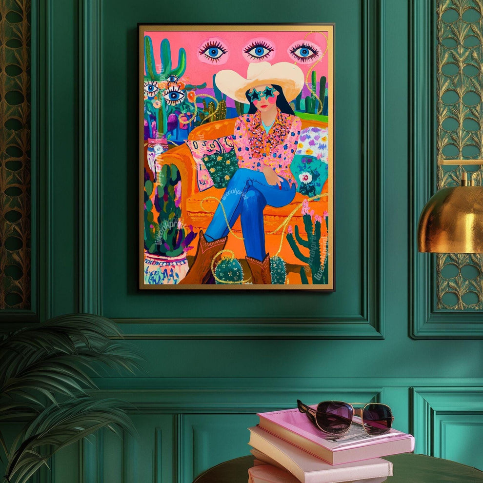 Surreal Cowgirl Art Print – Funky Western Wall Art – Pink Maximalist Decor – Eclectic Eye Flower Poster – Cactus Desert Print