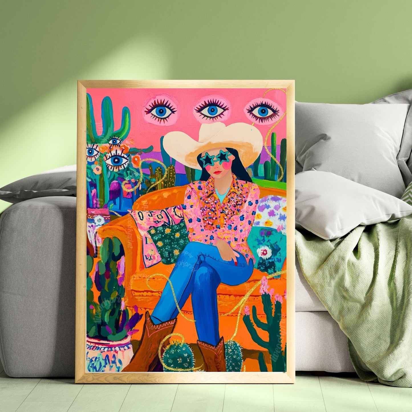 Surreal Cowgirl Art Print – Funky Western Wall Art – Pink Maximalist Decor – Eclectic Eye Flower Poster – Cactus Desert Print