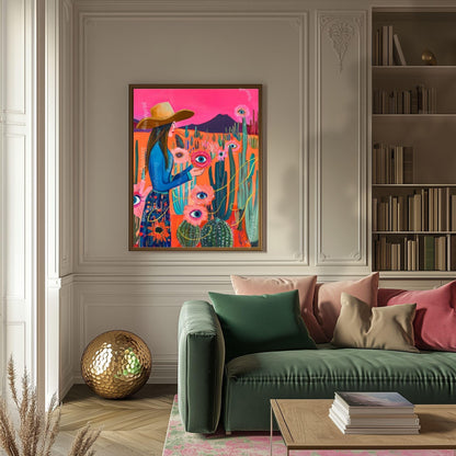 Surreal Cowgirl Flower Art Print – Funky Western Wall Art – Eye Flower Cactus Print – Pink Maximalist Desert Decor – Eclectic Wall Art