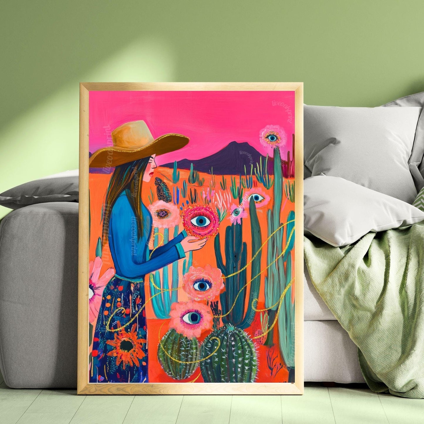 Surreal Cowgirl Flower Art Print – Funky Western Wall Art – Eye Flower Cactus Print – Pink Maximalist Desert Decor – Eclectic Wall Art