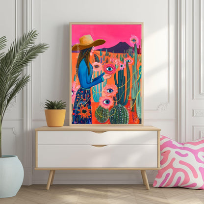 Surreal Cowgirl Flower Art Print – Funky Western Wall Art – Eye Flower Cactus Print – Pink Maximalist Desert Decor – Eclectic Wall Art