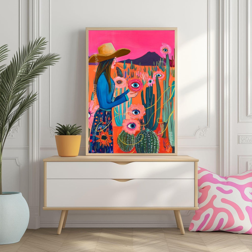 Surreal Cowgirl Flower Art Print – Funky Western Wall Art – Eye Flower Cactus Print – Pink Maximalist Desert Decor – Eclectic Wall Art