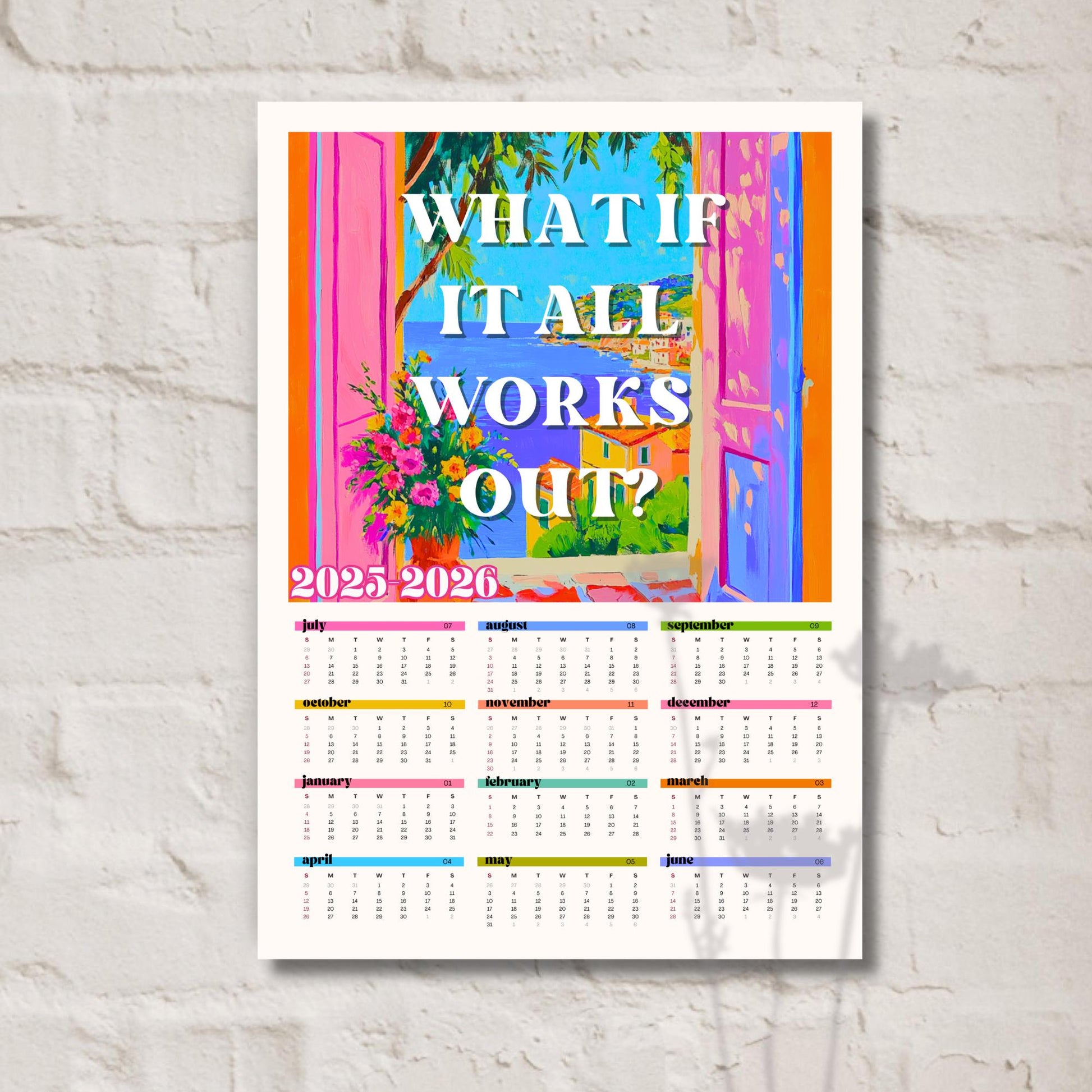 2025–2026 Wall Calendar – What If It All Works Out – Mid Year Academic Calendar – Mediterranean Wall Art