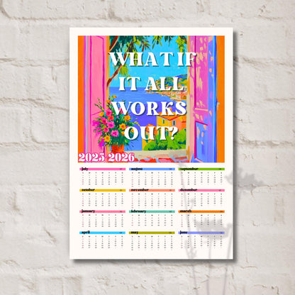 2025–2026 Wall Calendar – What If It All Works Out – Mid Year Academic Calendar – Mediterranean Wall Art