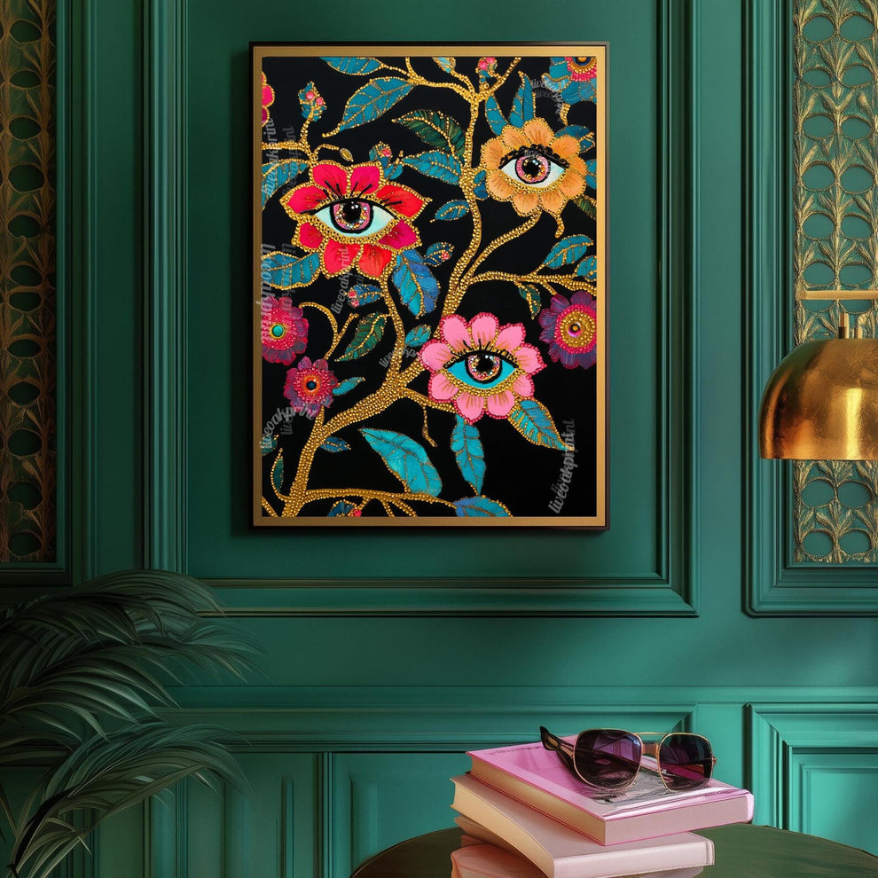 Surreal Eye Flower Art Print – Maximalist Floral Wall Art – Dark Botanical Print – Funky Eye Decor – Dopamine Decor for Eclectic Interiors