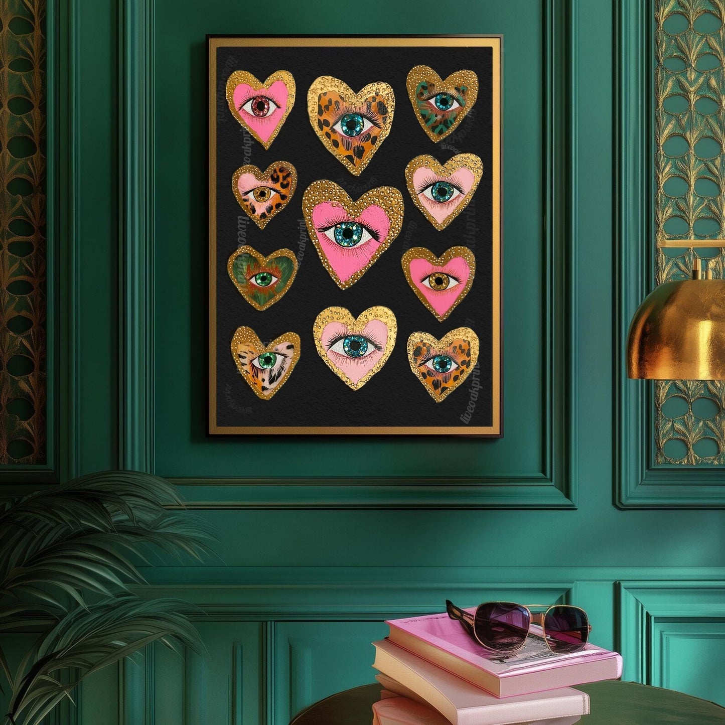 Heart Eye Wall Art – Dark Coquette Decor – Leopard Print Eye Art – Pink Gold Maximalist Print – Funky Dopamine Wall Art
