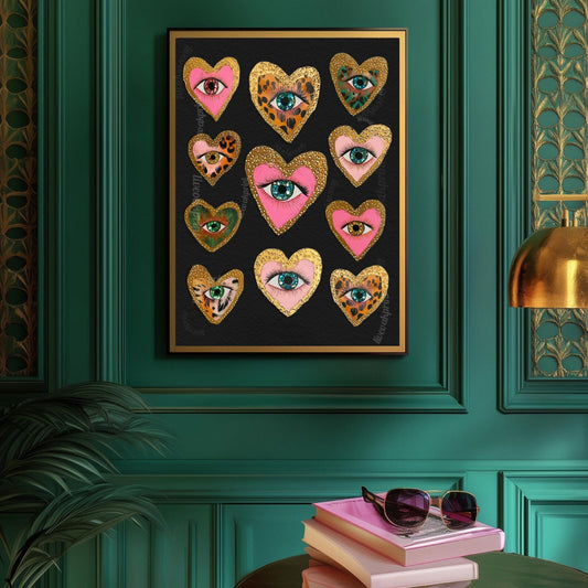 Heart Eye Wall Art – Dark Coquette Decor – Leopard Print Eye Art – Pink Gold Maximalist Print – Funky Dopamine Wall Art