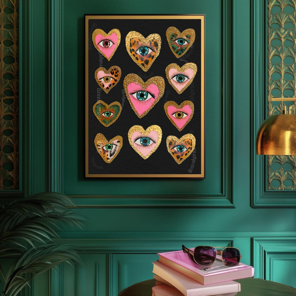 Heart Eye Wall Art – Dark Coquette Decor – Leopard Print Eye Art – Pink Gold Maximalist Print – Funky Dopamine Wall Art