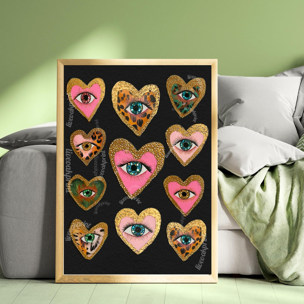Heart Eye Wall Art – Dark Coquette Decor – Leopard Print Eye Art – Pink Gold Maximalist Print – Funky Dopamine Wall Art