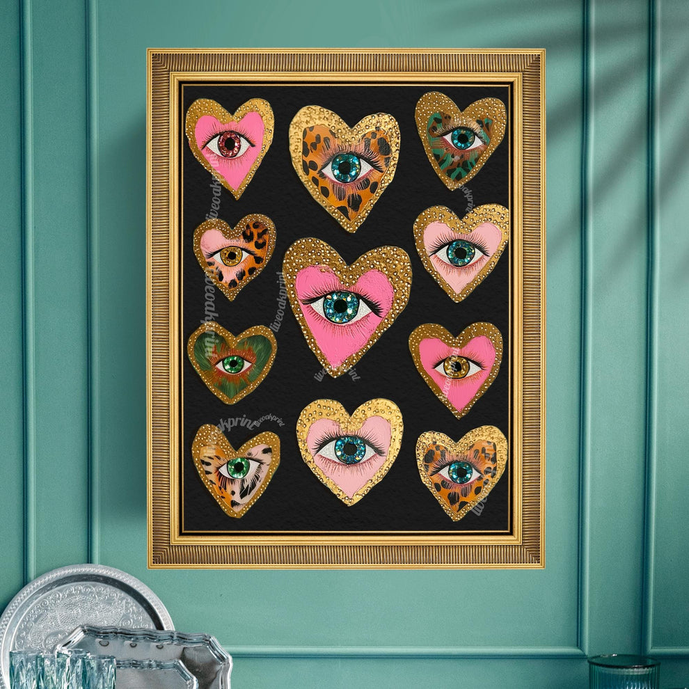 Heart Eye Wall Art – Dark Coquette Decor – Leopard Print Eye Art – Pink Gold Maximalist Print – Funky Dopamine Wall Art