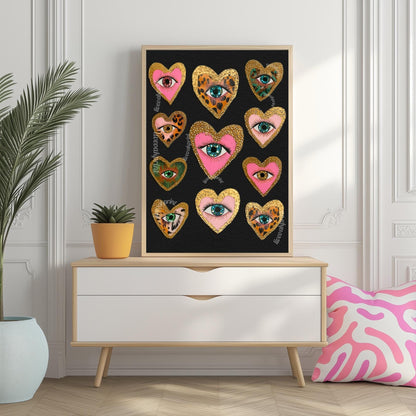 Heart Eye Wall Art – Dark Coquette Decor – Leopard Print Eye Art – Pink Gold Maximalist Print – Funky Dopamine Wall Art