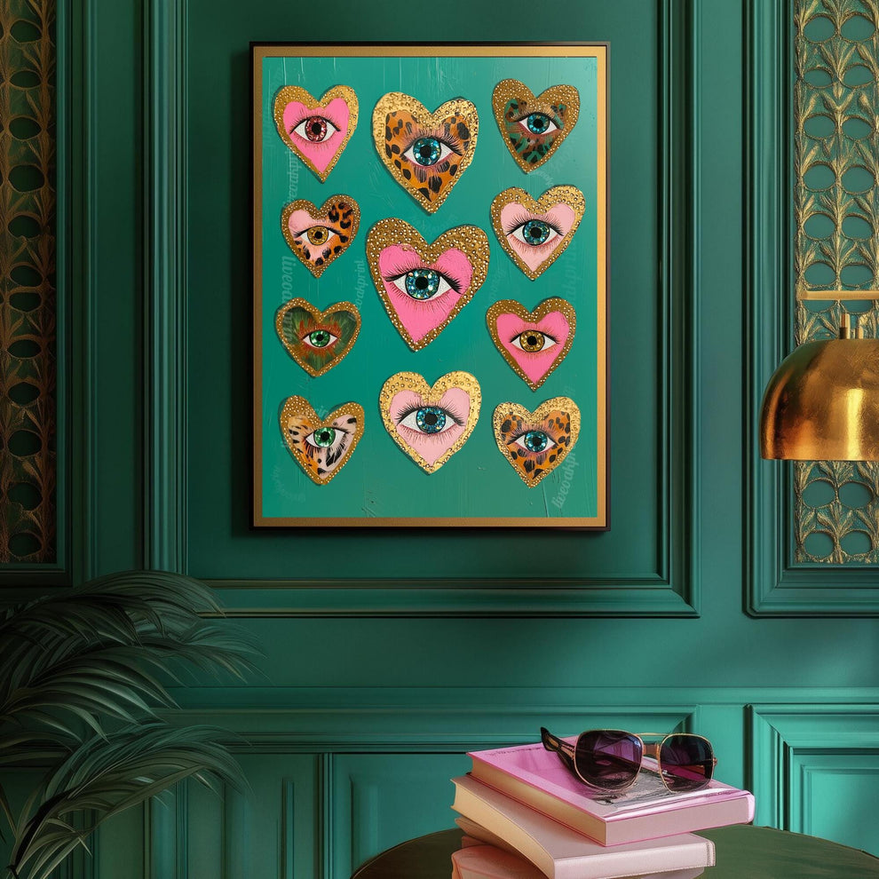 Heart Eye Art Print – Green Maximalist Wall Art – Funky Coquette Decor – Leopard Print Eye Poster – Dopamine Decor for Bold Interiors