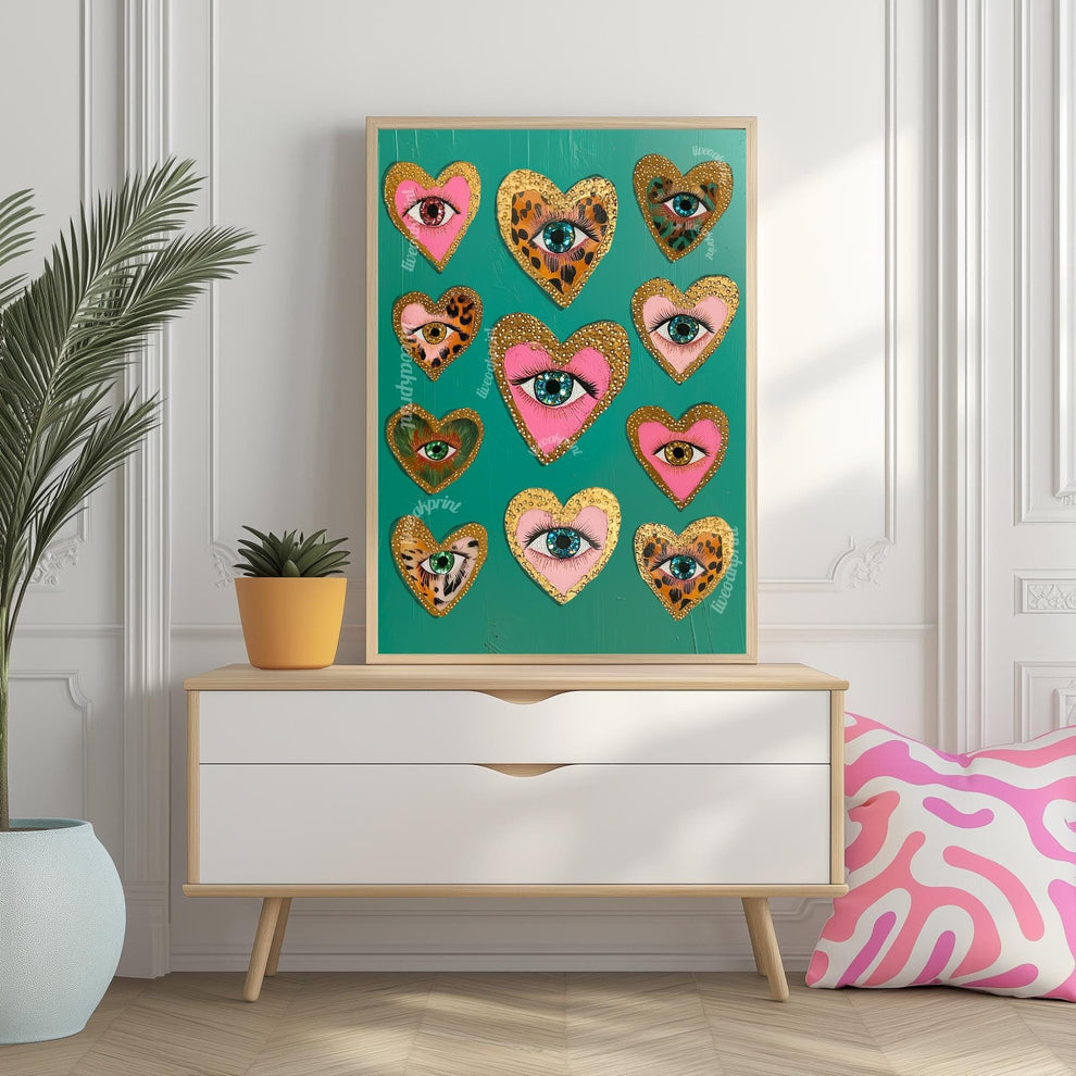 Heart Eye Art Print – Green Maximalist Wall Art – Funky Coquette Decor – Leopard Print Eye Poster – Dopamine Decor for Bold Interiors