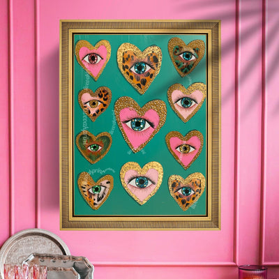 Heart Eye Art Print – Green Maximalist Wall Art – Funky Coquette Decor – Leopard Print Eye Poster – Dopamine Decor for Bold Interiors