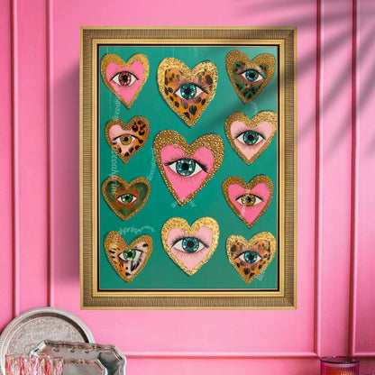 Heart Eye Art Print – Green Maximalist Wall Art – Funky Coquette Decor – Leopard Print Eye Poster – Dopamine Decor for Bold Interiors