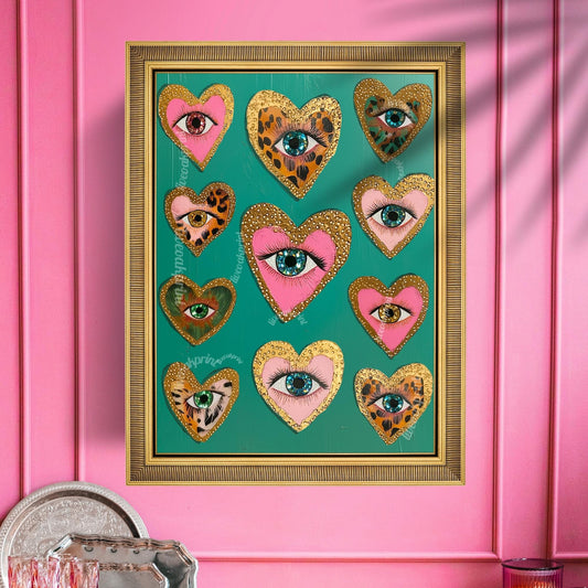 Heart Eye Art Print – Green Maximalist Wall Art – Funky Coquette Decor – Leopard Print Eye Poster – Dopamine Decor for Bold Interiors