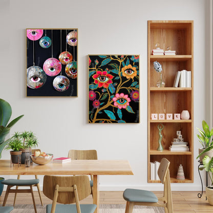 Disco Eye Ball Art Print – Maximalist Wall Art – Funky Surreal Decor – Hanging Disco Balls – Coquette Dopamine Decor – Retro Party Aesthetic