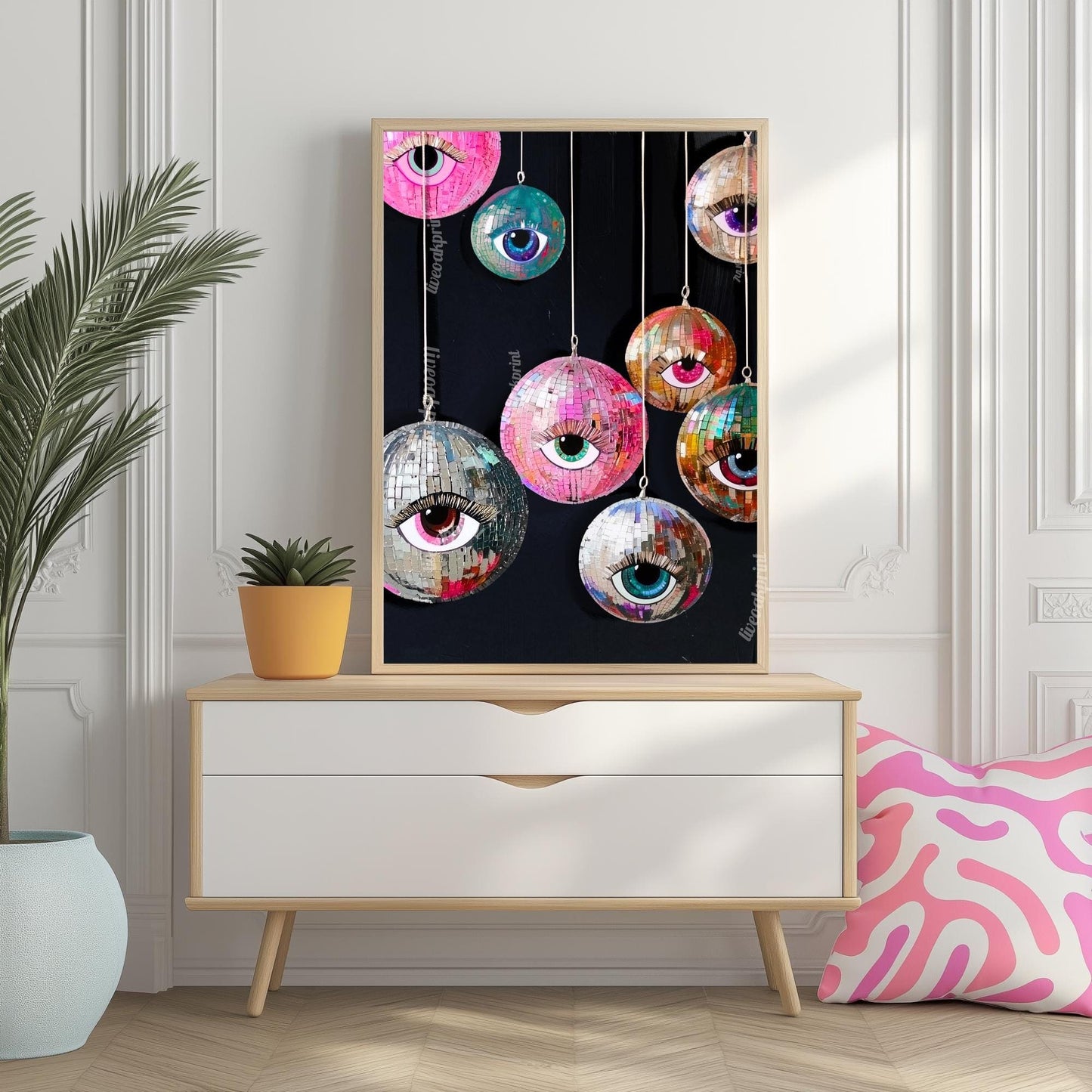 Disco Eye Ball Art Print – Maximalist Wall Art – Funky Surreal Decor – Hanging Disco Balls – Coquette Dopamine Decor – Retro Party Aesthetic