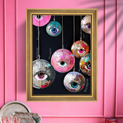 Disco Eye Ball Art Print – Maximalist Wall Art – Funky Surreal Decor – Hanging Disco Balls – Coquette Dopamine Decor – Retro Party Aesthetic