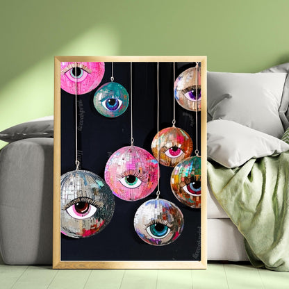 Disco Eye Ball Art Print – Maximalist Wall Art – Funky Surreal Decor – Hanging Disco Balls – Coquette Dopamine Decor – Retro Party Aesthetic
