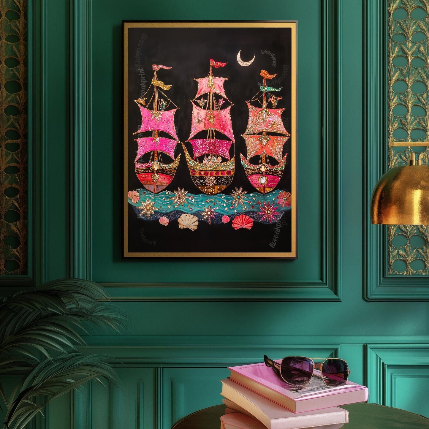 Surreal Ship Wall Art – Dark Coastal Decor – Maximalist Maritime Print – Marine Fantasy Wall Art – Dopamine Decor – Vibrant Nautical Poster