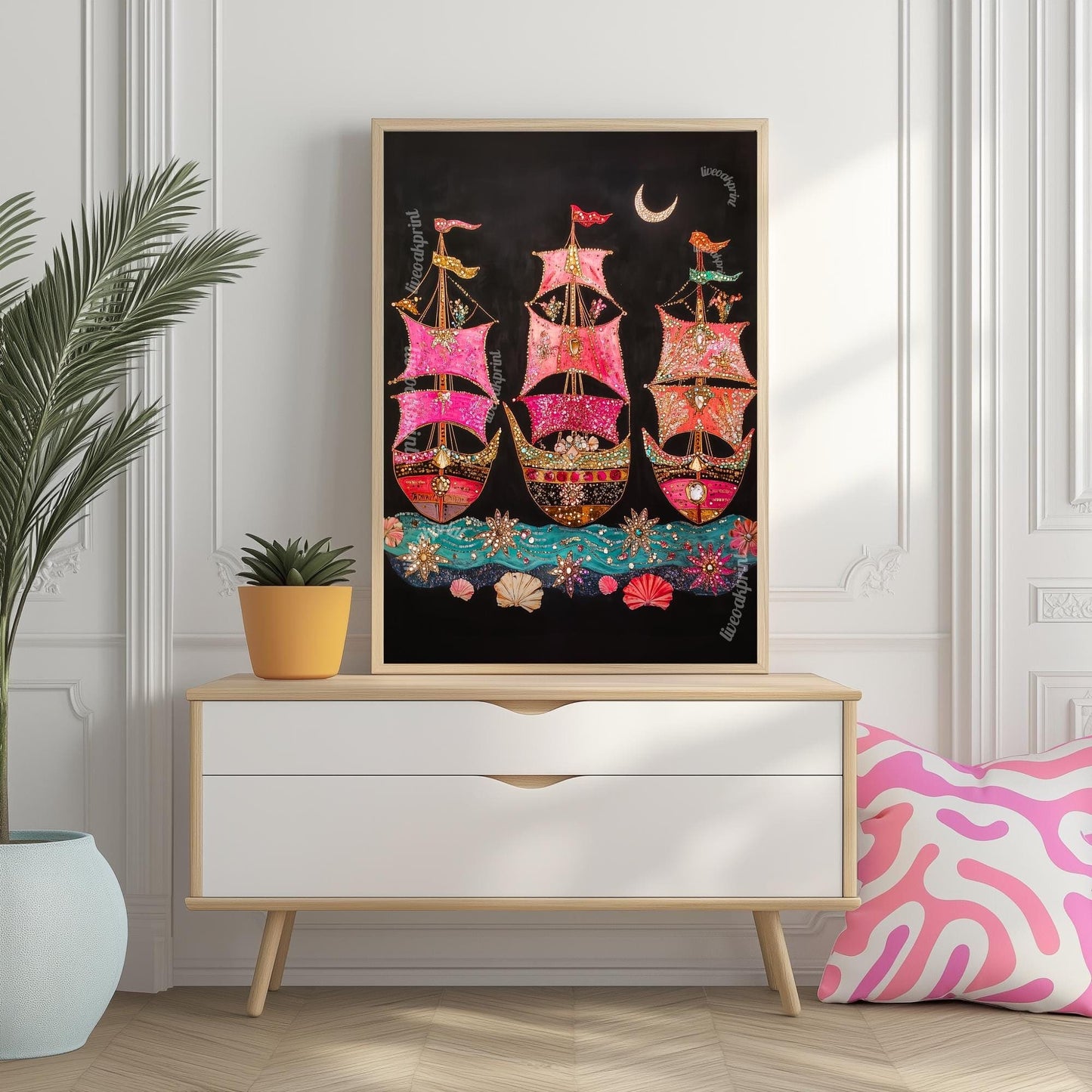 Surreal Ship Wall Art – Dark Coastal Decor – Maximalist Maritime Print – Marine Fantasy Wall Art – Dopamine Decor – Vibrant Nautical Poster