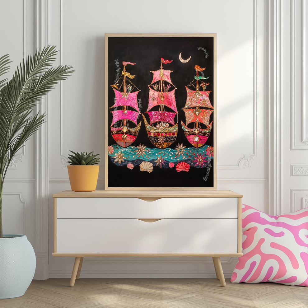 Surreal Ship Wall Art – Dark Coastal Decor – Maximalist Maritime Print – Marine Fantasy Wall Art – Dopamine Decor – Vibrant Nautical Poster