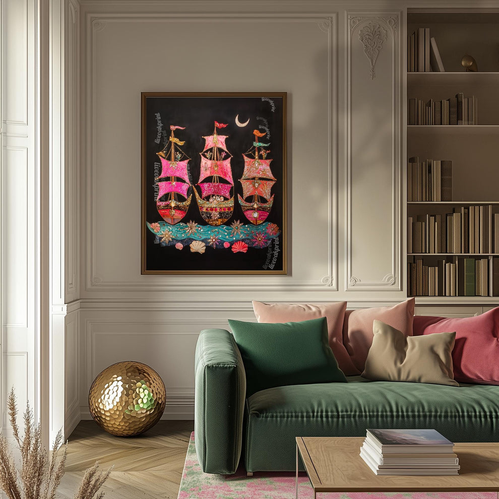 Surreal Ship Wall Art – Dark Coastal Decor – Maximalist Maritime Print – Marine Fantasy Wall Art – Dopamine Decor – Vibrant Nautical Poster