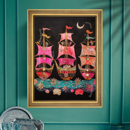 Surreal Ship Wall Art – Dark Coastal Decor – Maximalist Maritime Print – Marine Fantasy Wall Art – Dopamine Decor – Vibrant Nautical Poster