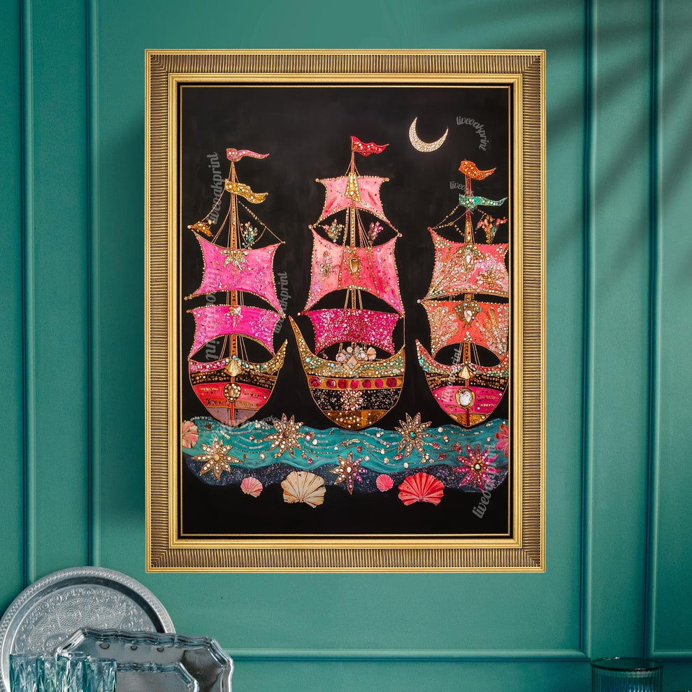 Surreal Ship Wall Art – Dark Coastal Decor – Maximalist Maritime Print – Marine Fantasy Wall Art – Dopamine Decor – Vibrant Nautical Poster