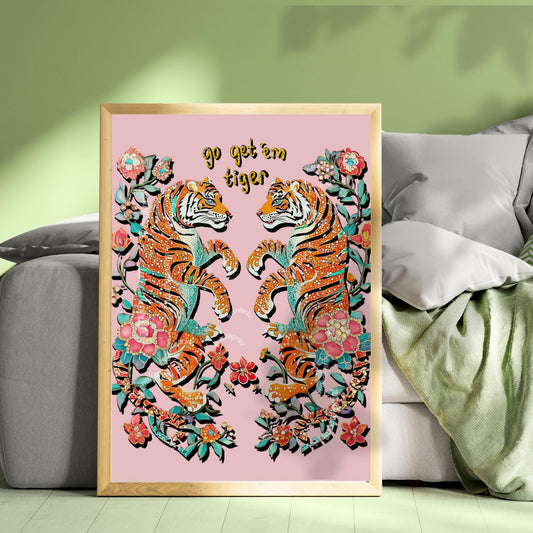 Pink Tiger Wall Decor - Go Get Em Tiger - Pink Dopamine Decor Living Room Wall Print Y2k Wall Art Funky Tiger Print Maximalist Canvas Art