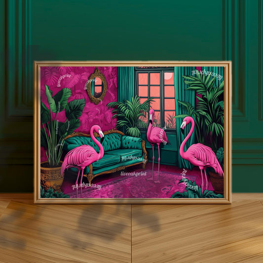 Flamingo Art Print - Maximalist Pink Wall Art Miami Art Print Lounge Wall Decor Flamingos Wall Decor Funky Wall Art Pink Colorful Print