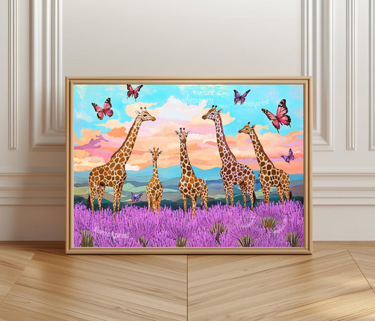 Giraffe Art Print - Maximalist Animal Art - Purple Nursery Print Lavender Wall Decor Butterflies Wall Decor Kids Wall Art Pink Purple