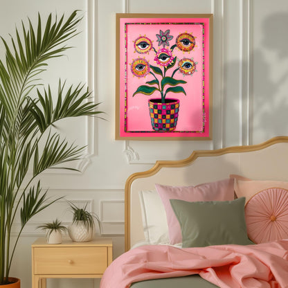 Surreal Flower Wall Art – Eye Art Print Psychedelic Pink Maximalist Wall Decor Dopamine Decor Funky Floral Poster Plant Wall Art Surrealist
