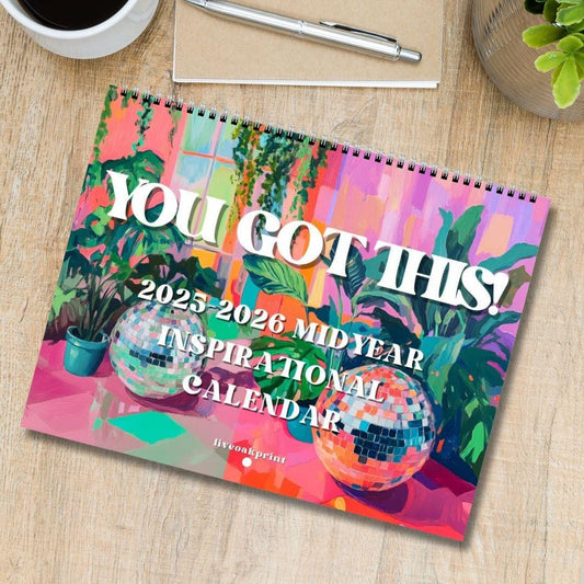2025 Midyear Inspirational Calendar – July Start Wall Calendar – Mid Year Motivational Planner – Disco & Botanical Decor – Home or Office