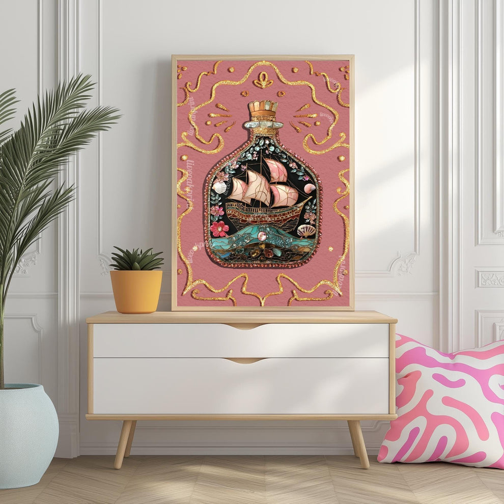 Ship in a Bottle Art Print – Pink Coastal Wall Art – Nautical Girlcore Decor – Maritime Aesthetic – Ocean Fantasy Print – Whimsical Sea Art