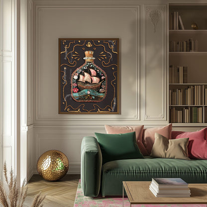 Ship in a Bottle Art Print – Coastal Wall Art – Dark Nautical Decor – Whimsical Ocean Poster – Maritime Fantasy Print – Maximalist Beach Art