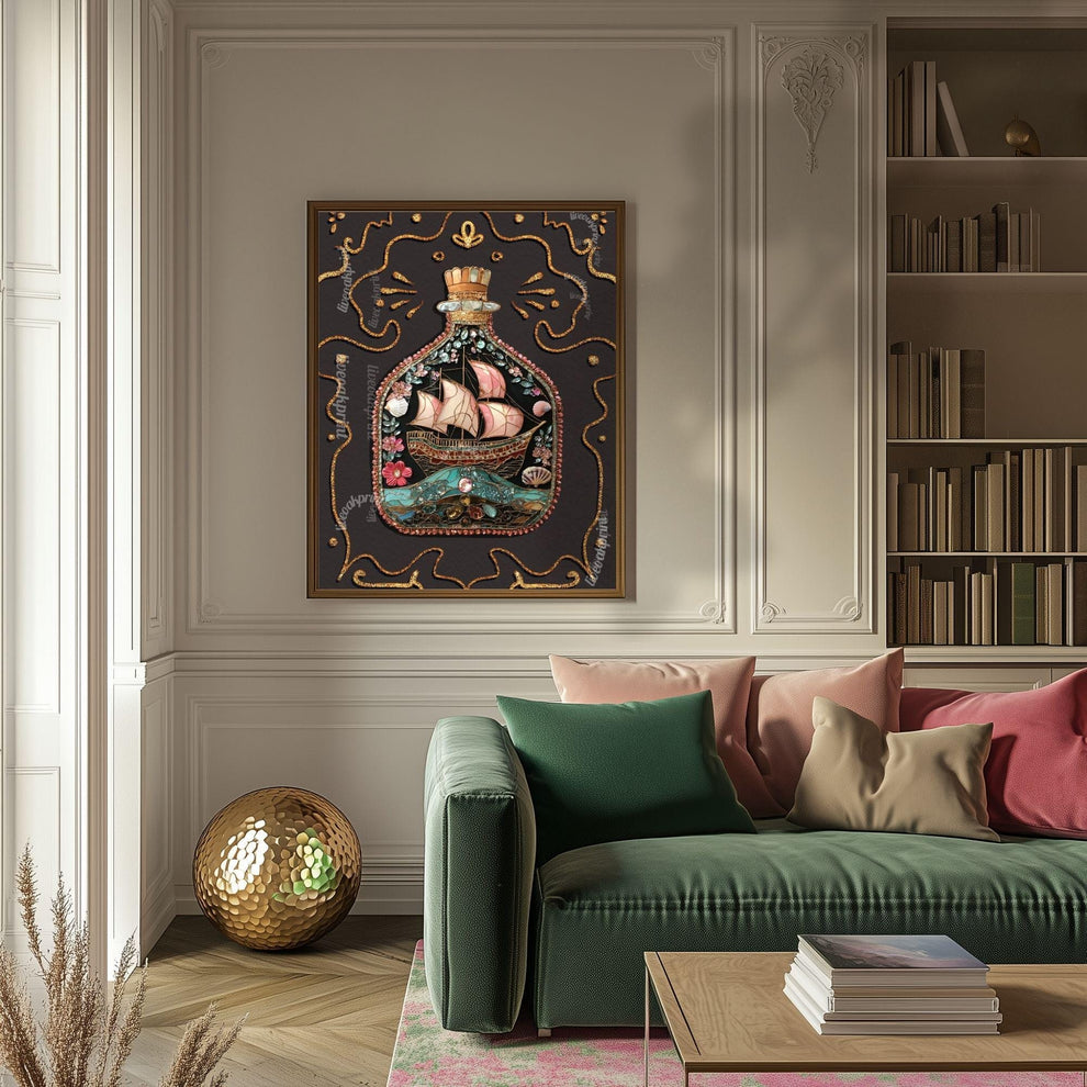 Ship in a Bottle Art Print – Coastal Wall Art – Dark Nautical Decor – Whimsical Ocean Poster – Maritime Fantasy Print – Maximalist Beach Art